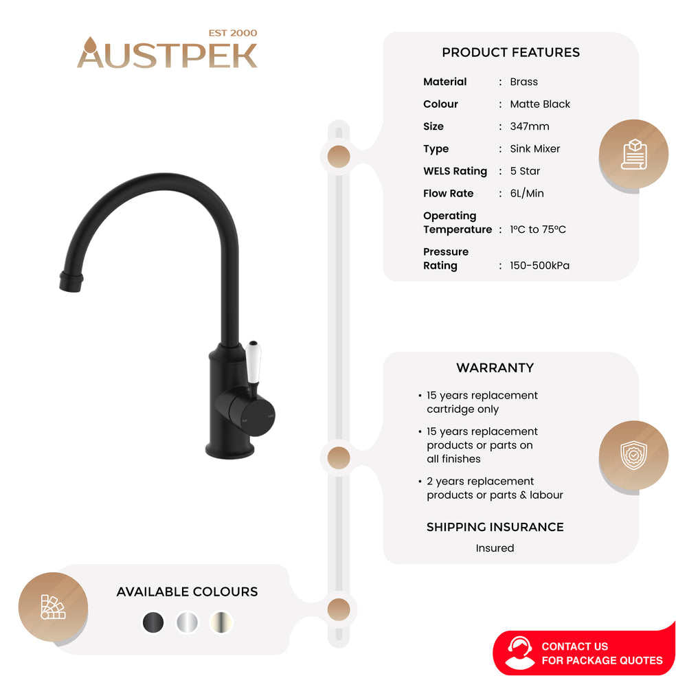 NERO YORK KITCHEN MIXER WITH WHITE PORCELAIN LEVER 347MM MATTE BLACK