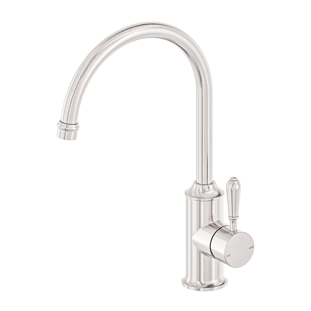 NERO YORK LEAD FREE KITCHEN MIXER GOOSENECK SPOUT WITH METAL LEVER 347MM BRUSHED NICKEL