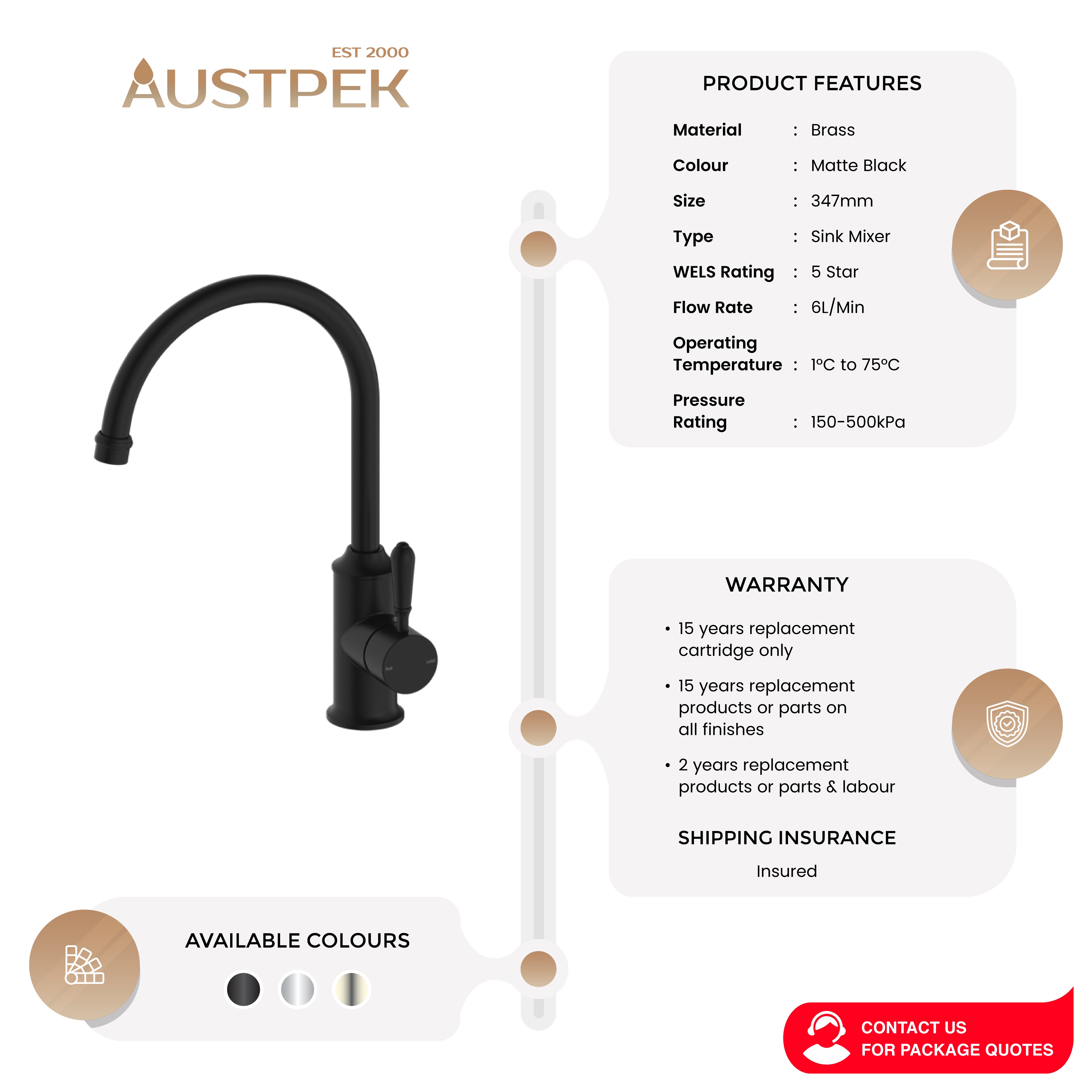 NERO YORK KITCHEN MIXER WITH METAL LEVER 347MM MATTE BLACK