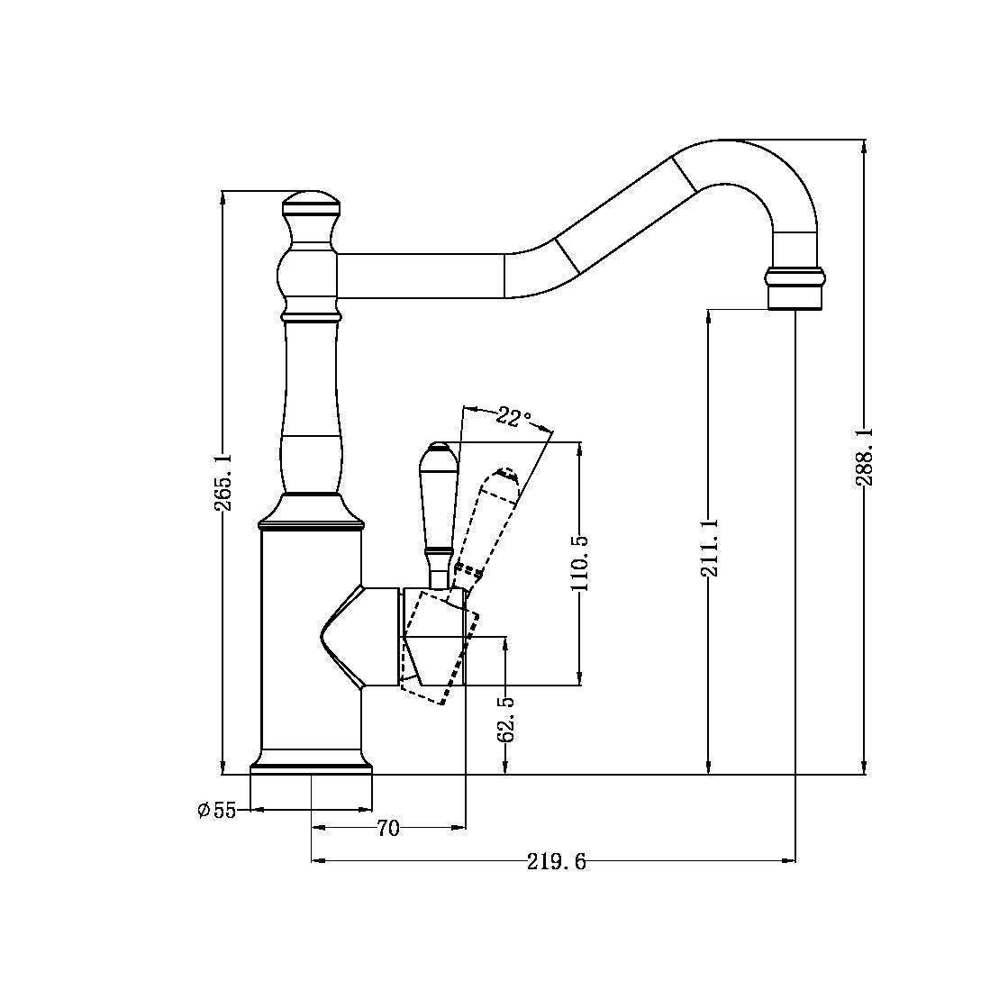 NERO YORK KITCHEN MIXER WITH METAL LEVER 265MM AGED BRASS