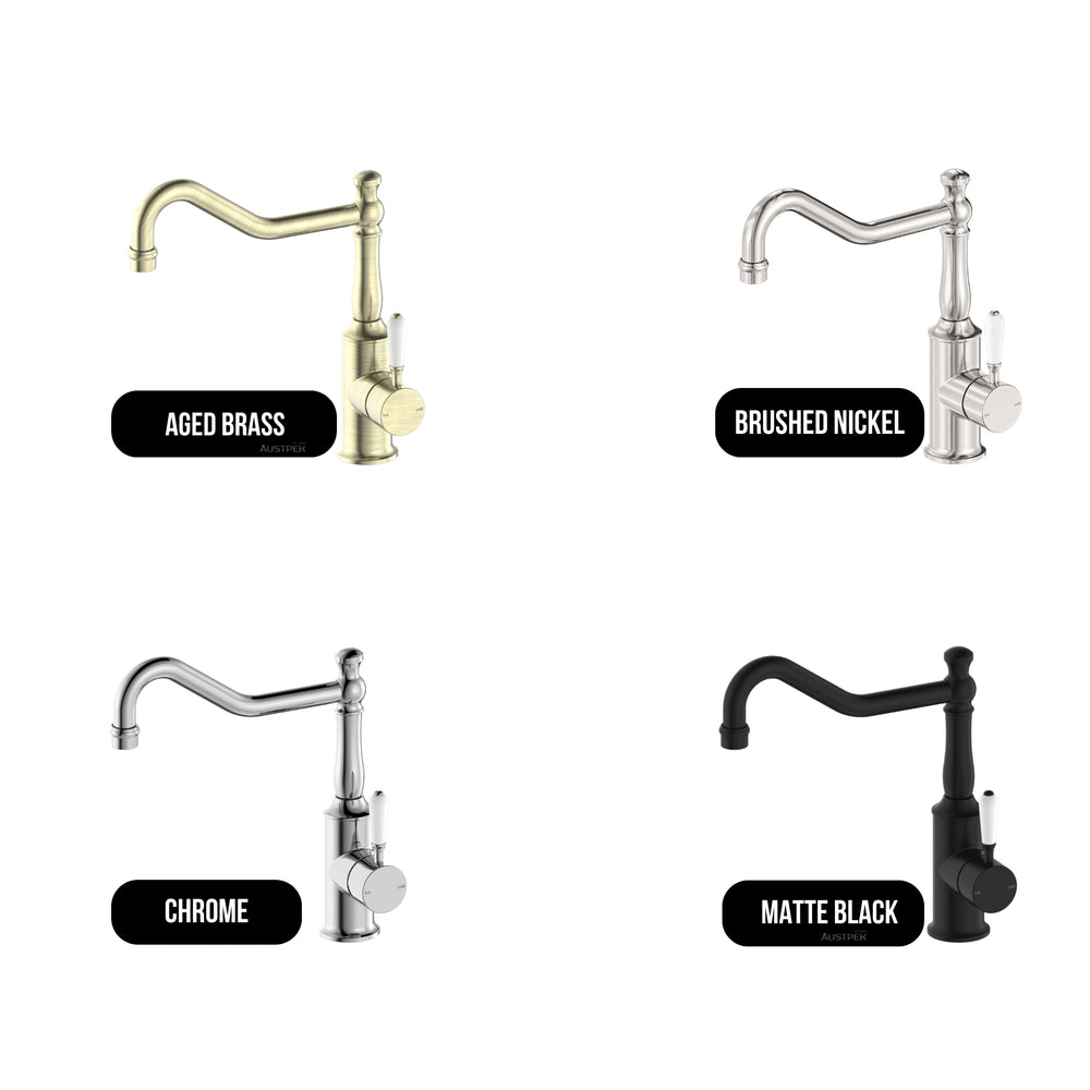 NERO YORK KITCHEN MIXER WITH WHITE PORCELAIN LEVER 265MM AGED BRASS