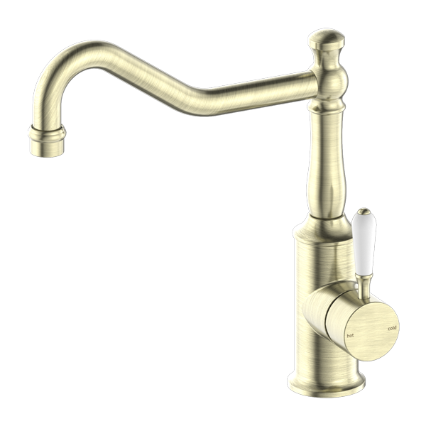 NERO YORK KITCHEN MIXER WITH WHITE PORCELAIN LEVER 265MM AGED BRASS