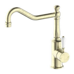 NERO YORK KITCHEN MIXER WITH WHITE PORCELAIN LEVER 265MM AGED BRASS