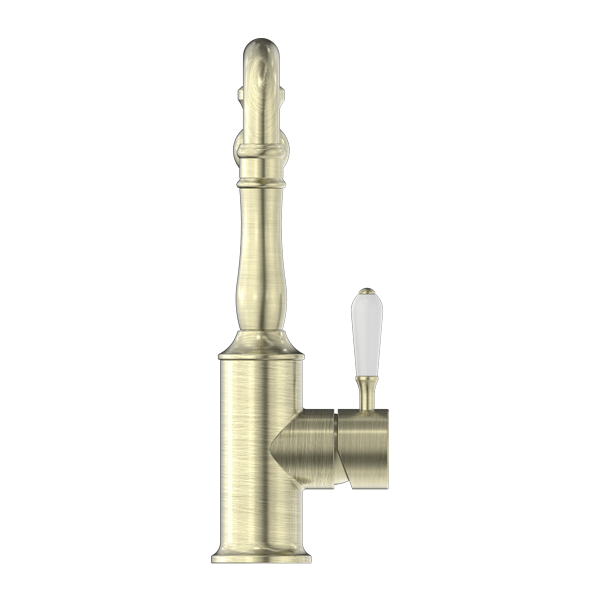 NERO YORK KITCHEN MIXER WITH WHITE PORCELAIN LEVER 265MM AGED BRASS