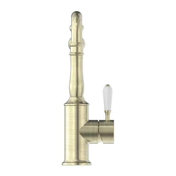 NERO YORK KITCHEN MIXER 265MM AGED BRASS WITH WHITE PORCELAIN LEVER