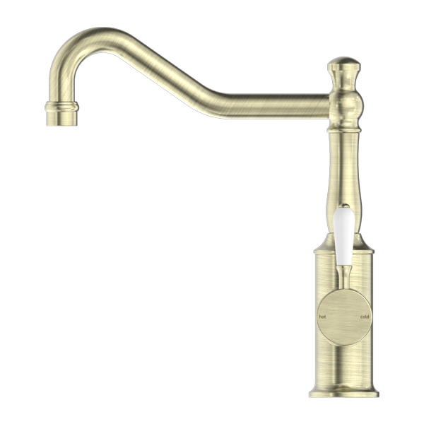 NERO YORK KITCHEN MIXER WITH WHITE PORCELAIN LEVER 265MM AGED BRASS