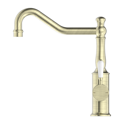 NERO YORK KITCHEN MIXER WITH WHITE PORCELAIN LEVER 265MM AGED BRASS
