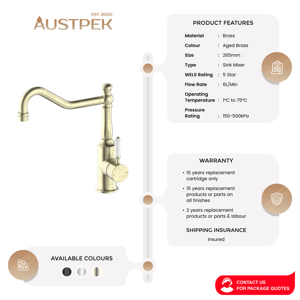 NERO YORK KITCHEN MIXER WITH WHITE PORCELAIN LEVER 265MM AGED BRASS