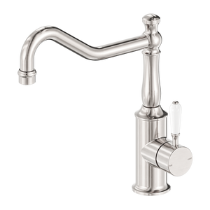 NERO YORK KITCHEN MIXER HOOK SPOUT WITH WHITE PORCELAIN LEVER 265MM BRUSHED NICKEL