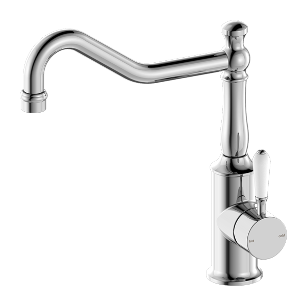 NERO YORK KITCHEN MIXER WITH WHITE PORCELAIN LEVER 265MM CHROME