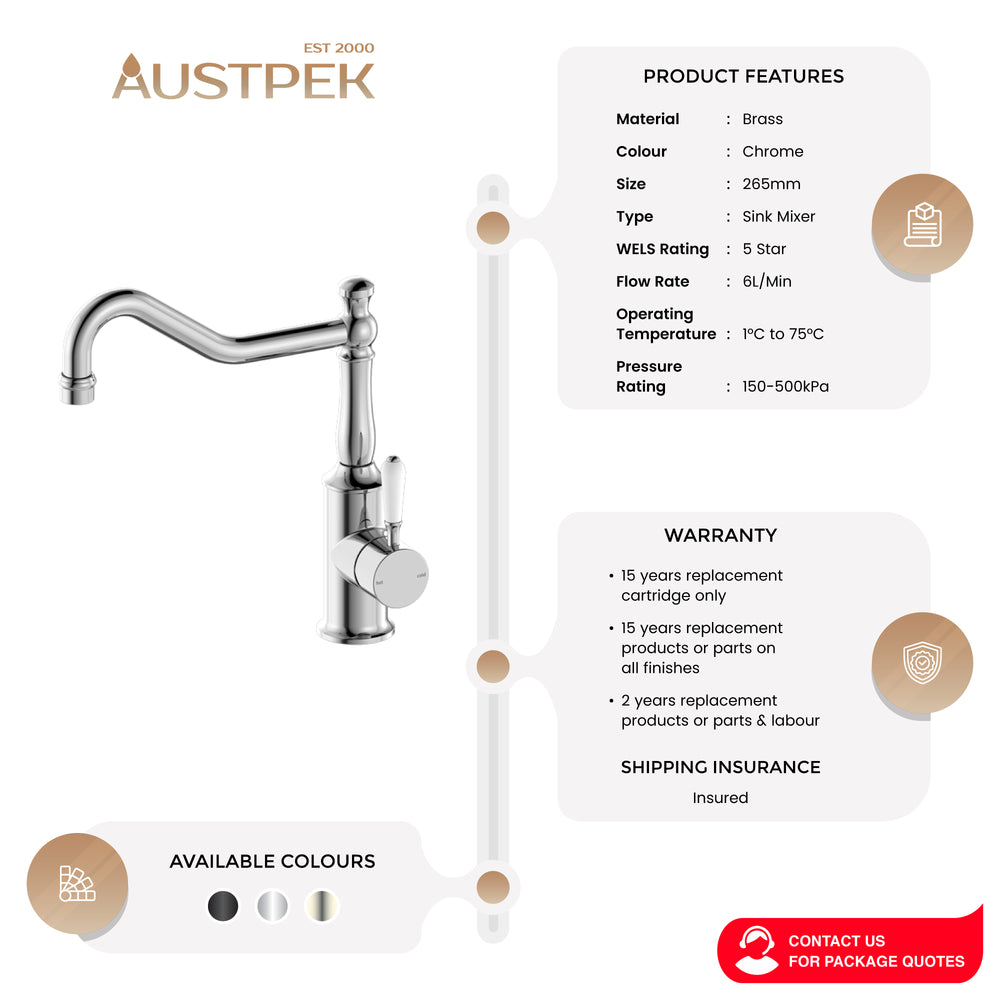 NERO YORK KITCHEN MIXER WITH WHITE PORCELAIN LEVER 265MM CHROME