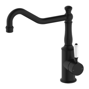 NERO YORK KITCHEN MIXER WITH WHITE PORCELAIN LEVER 265MM MATTE BLACK