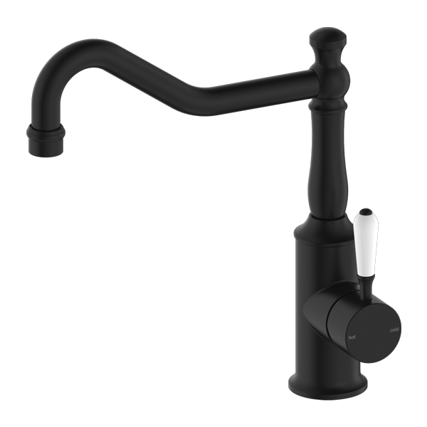 NERO YORK KITCHEN MIXER 265MM MATTE BLACK WITH WHITE PORCELAIN LEVER