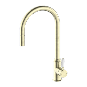 NERO YORK SPRAY PULL OUT SINK MIXER WITH WHITE PORCELAIN LEVER 457MM AGED BRASS