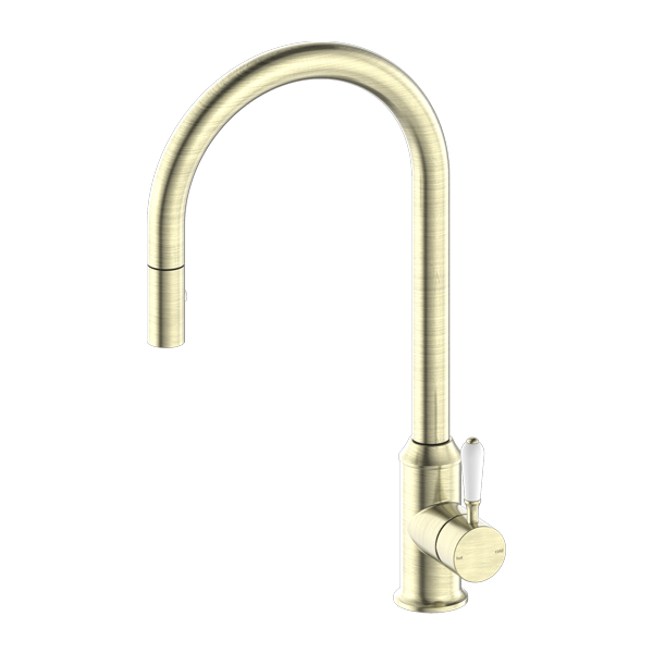 NERO YORK SPRAY PULL OUT SINK MIXER 457MM AGED BRASS WITH WHITE PORCELAIN LEVER