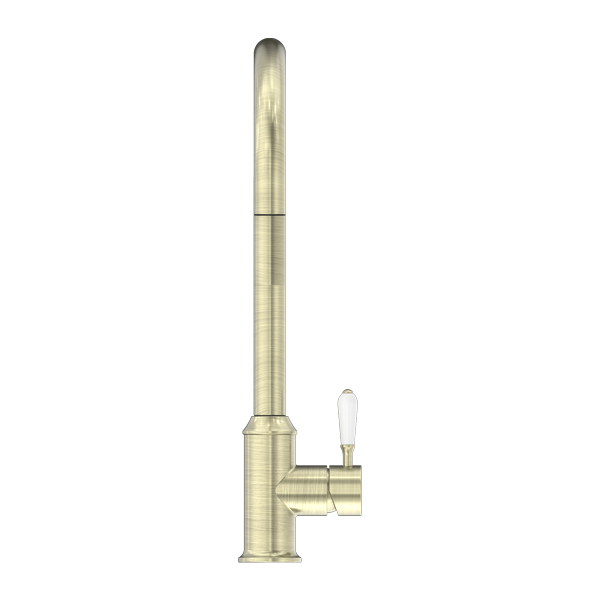 NERO YORK SPRAY PULL OUT SINK MIXER WITH WHITE PORCELAIN LEVER 457MM AGED BRASS
