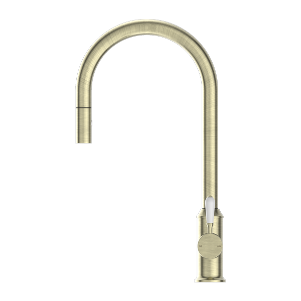 NERO YORK SPRAY PULL OUT SINK MIXER WITH WHITE PORCELAIN LEVER 457MM AGED BRASS
