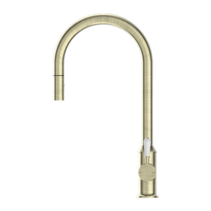 NERO YORK SPRAY PULL OUT SINK MIXER WITH WHITE PORCELAIN LEVER 457MM AGED BRASS