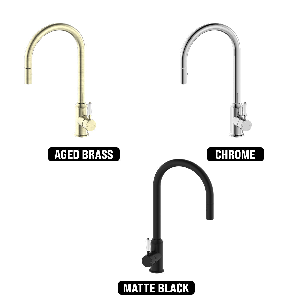 NERO YORK SPRAY PULL OUT SINK MIXER WITH WHITE PORCELAIN LEVER 457MM AGED BRASS
