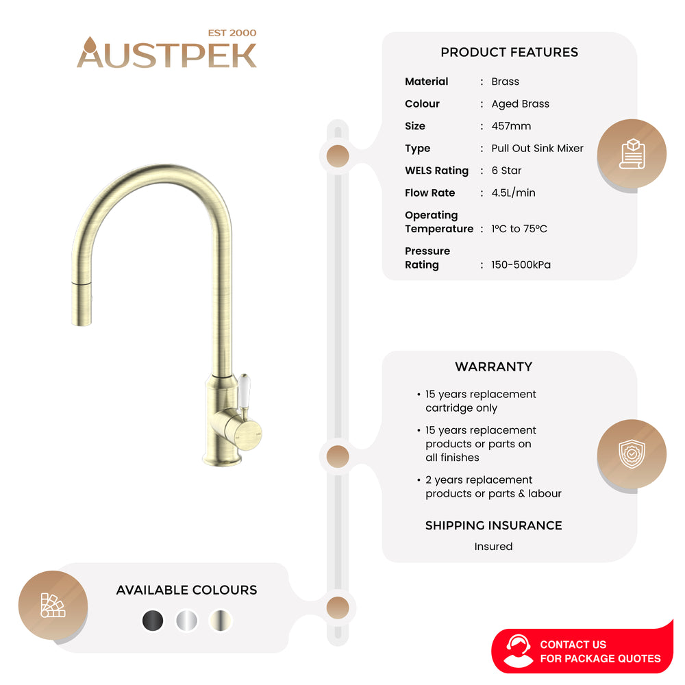 NERO YORK SPRAY PULL OUT SINK MIXER WITH WHITE PORCELAIN LEVER 457MM AGED BRASS