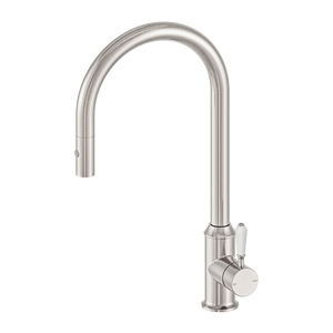 NERO YORK PULL OUT SINK MIXER WITH VEGIE SPRAY FUNCTION WITH WHITE PORCELAIN LEVER 457MM BRUSHED NICKEL