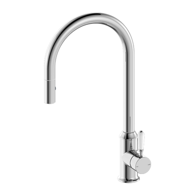 NERO YORK SPRAY PULL OUT SINK MIXER WITH WHITE PORCELAIN LEVER 457MM CHROME