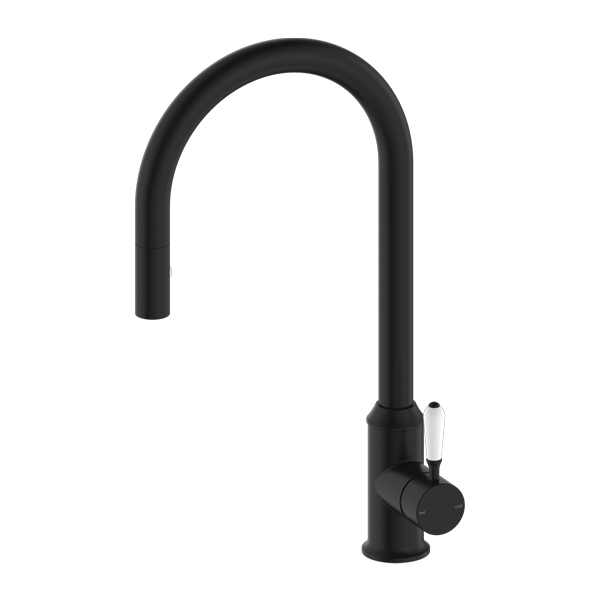 NERO YORK SPRAY PULL OUT SINK MIXER 457MM MATTE BLACK WITH WHITE PORCELAIN LEVER