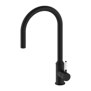 NERO YORK SPRAY PULL OUT SINK MIXER WITH WHITE PORCELAIN LEVER 457MM MATTE BLACK
