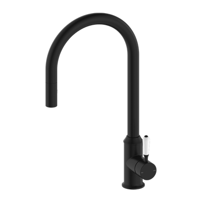 NERO YORK SPRAY PULL OUT SINK MIXER WITH WHITE PORCELAIN LEVER 457MM MATTE BLACK
