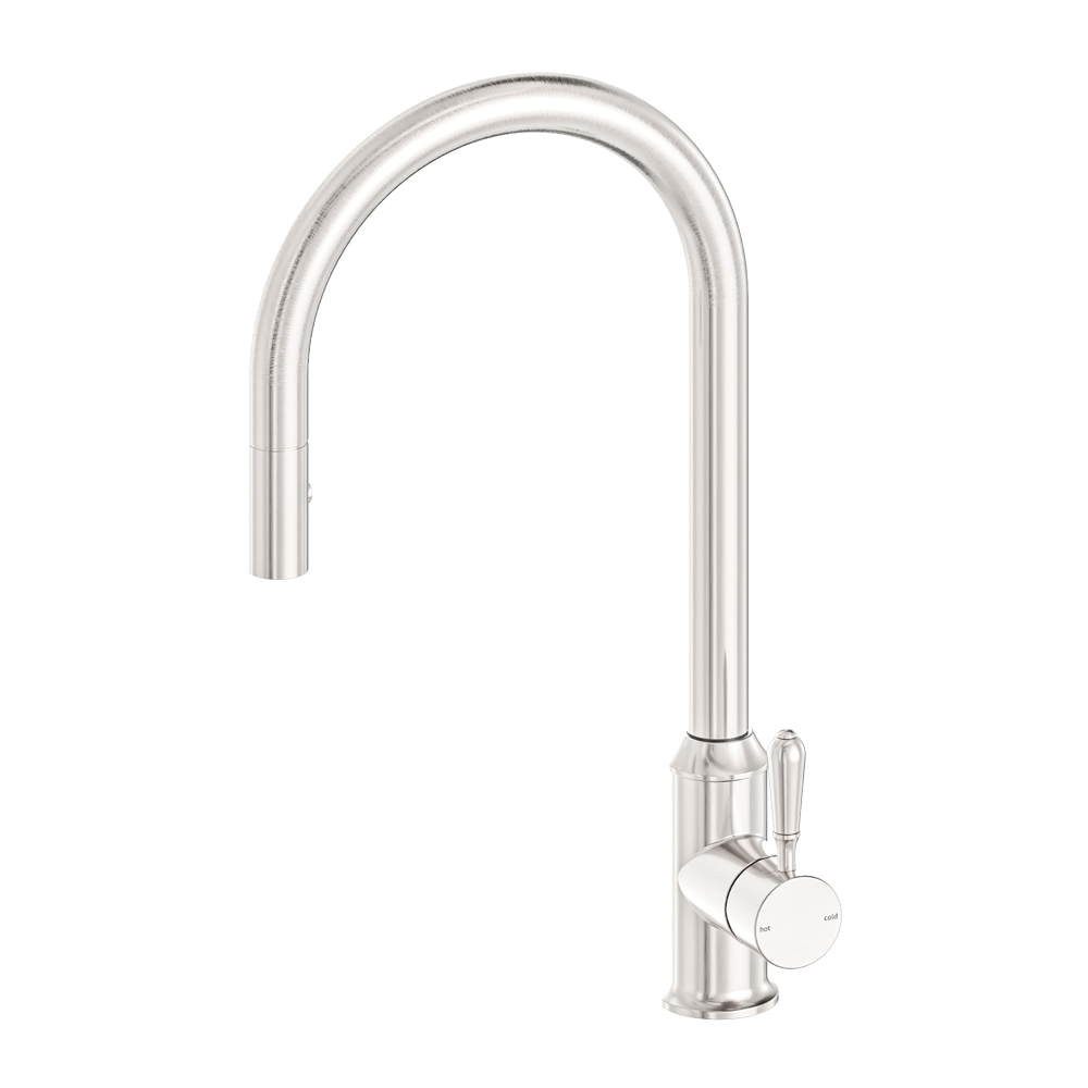 NERO YORK LEAD FREE PULL OUT SINK MIXER WITH VEGIE SPRAY FUNCTION WITH METAL LEVER 457MM BRUSHED NICKEL