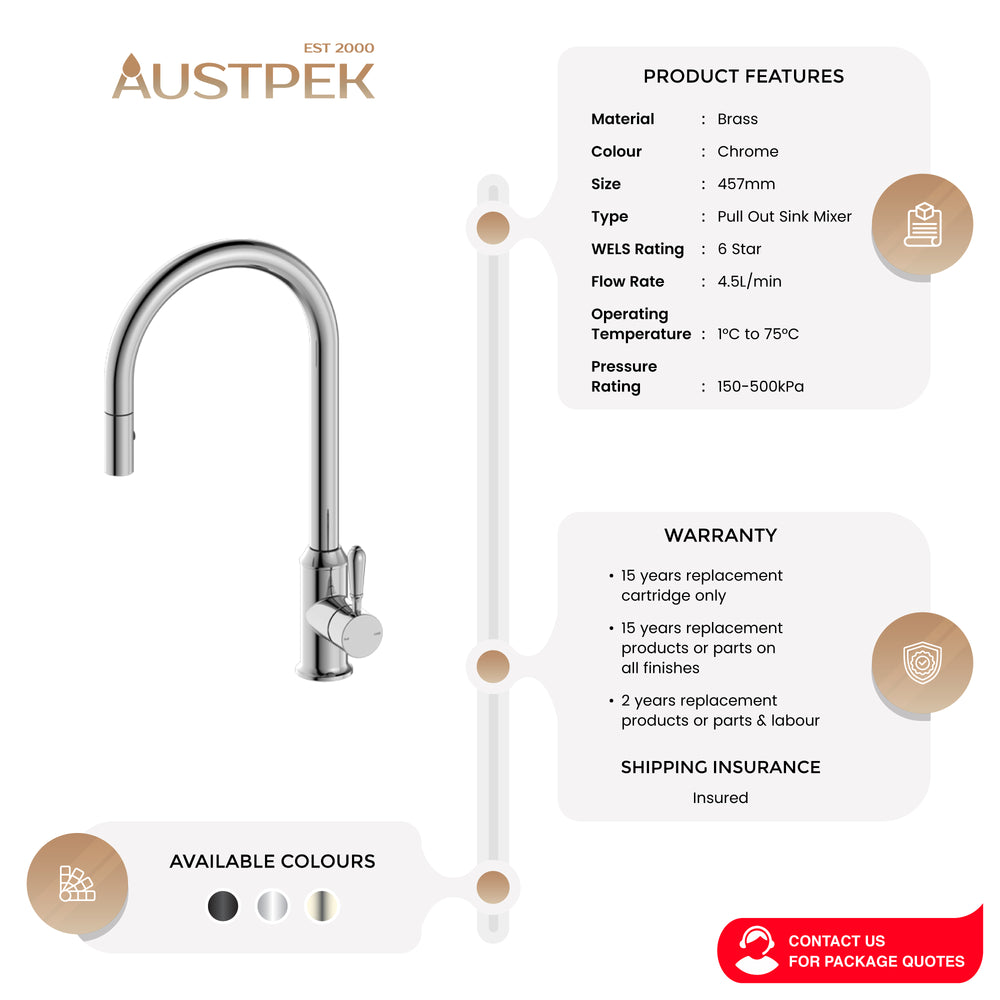 NERO YORK SPRAY PULL OUT SINK MIXER METAL LEVER 457MM CHROME