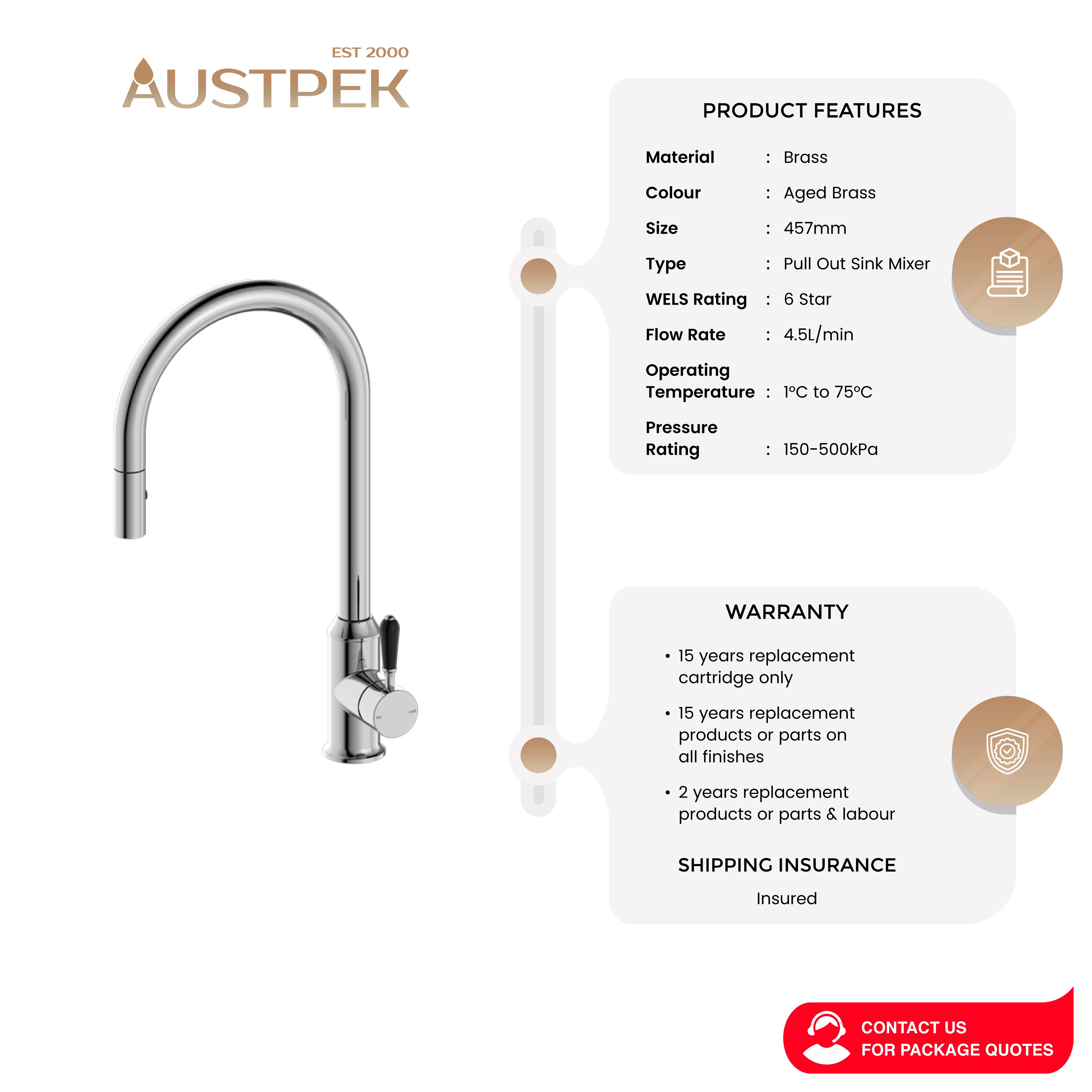 NERO YORK SPRAY PULL OUT SINK MIXER WITH BLACK PORCELAIN LEVER 457MM CHROME