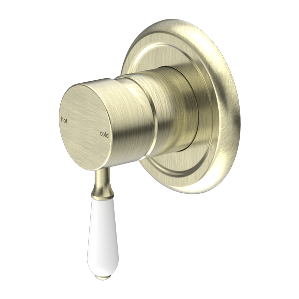 NERO YORK SHOWER MIXER 100MM AGED BRASS WITH WHITE PORCELAIN LEVER