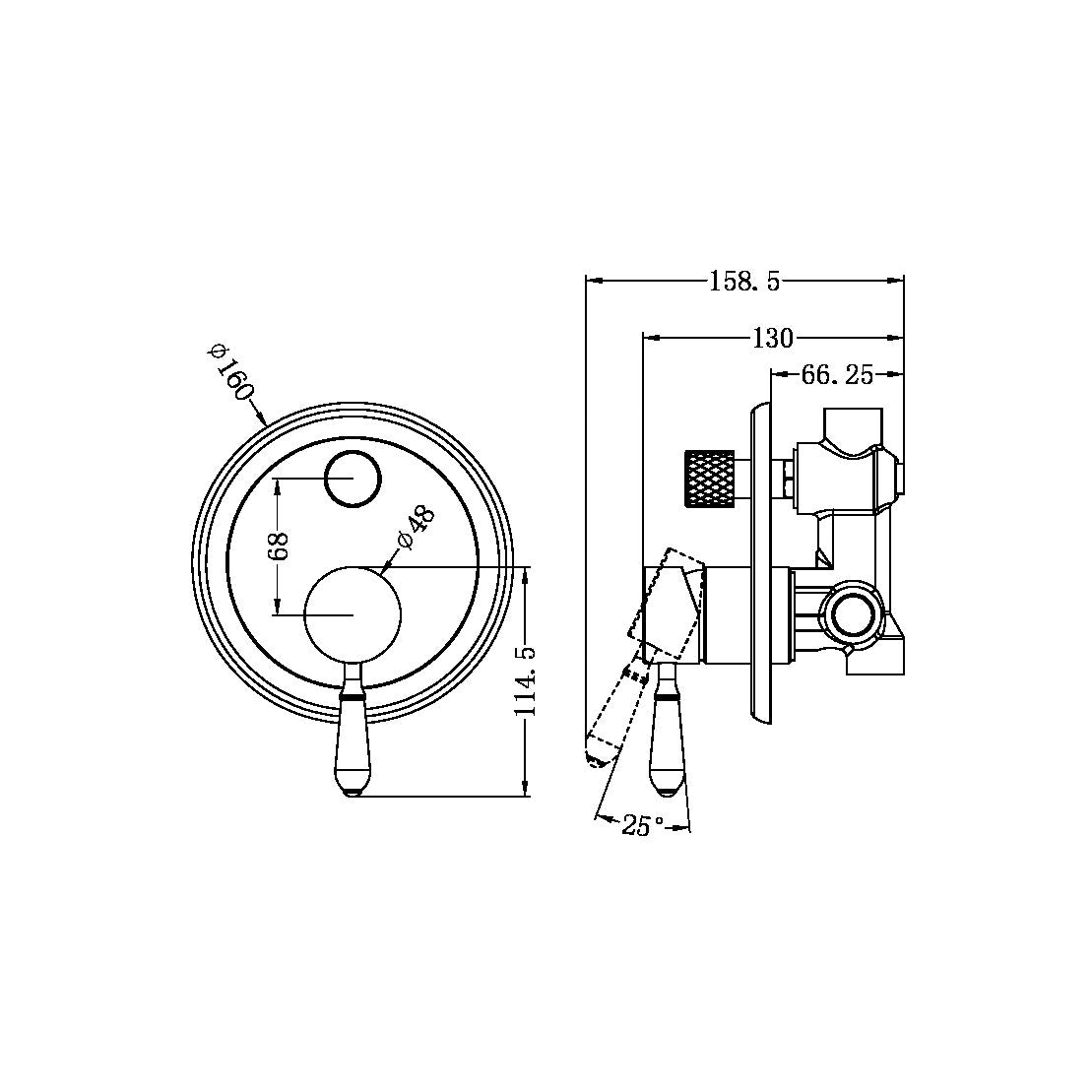 NERO YORK SHOWER MIXER DIVERTER 160MM CHROME WITH BLACK PORCELAIN LEVER