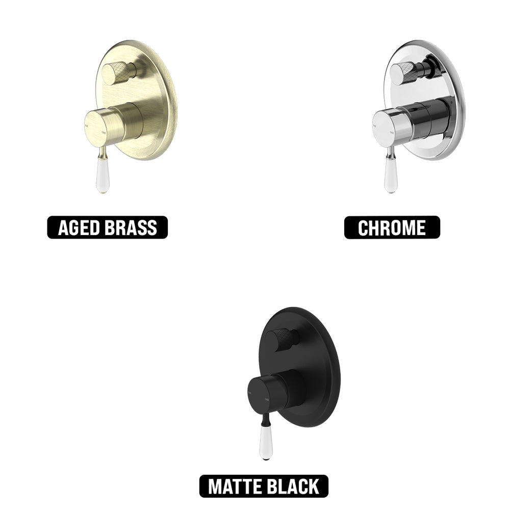 NERO YORK SHOWER MIXER DIVERTER WITH WHITE PORCELAIN LEVER 160MM MATTE BLACK