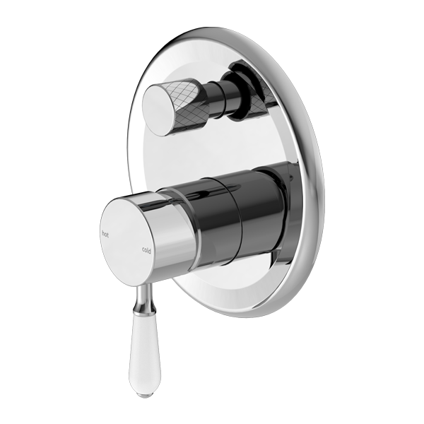 NERO YORK SHOWER MIXER DIVERTER 160MM CHROME WITH WHITE PORCELAIN LEVER