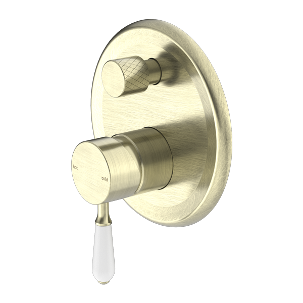 NERO YORK SHOWER MIXER DIVERTER 160MM AGED BRASS WITH WHITE PORCELAIN LEVER