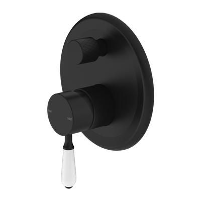 NERO YORK SHOWER MIXER DIVERTER WITH WHITE PORCELAIN LEVER 160MM MATTE BLACK