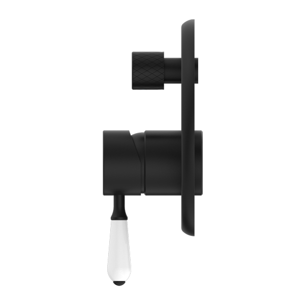 NERO YORK SHOWER MIXER DIVERTER 160MM MATTE BLACK WITH WHITE PORCELAIN LEVER