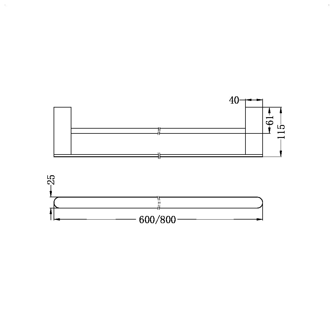 NERO BIANCA NON-HEATED DOUBLE TOWEL RAIL BRUSHED NICKEL (AVAILABLE IN 600MM AND 800MM)