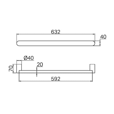 NERO BIANCA SINGLE HEATED TOWEL RAIL BRUSHED NICKEL 632MM