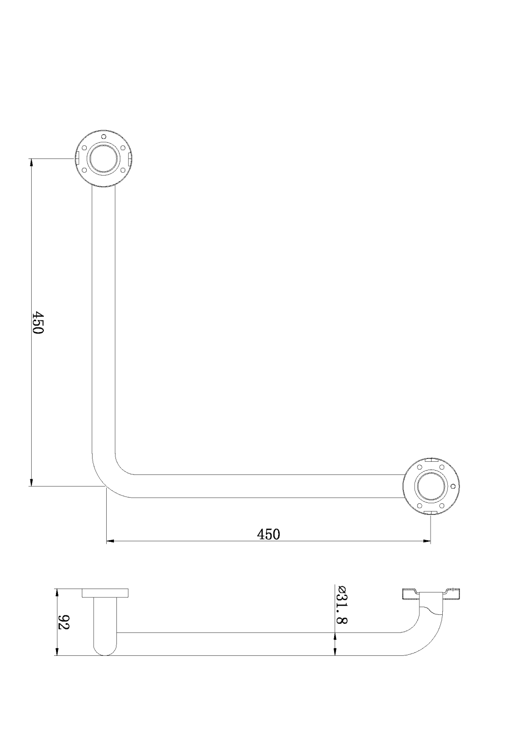 NERO CLASSIC CARE SS304 RIGHT ANGLE GRAB BAR WITH CONCEALED FIXING 450MM CHROME
