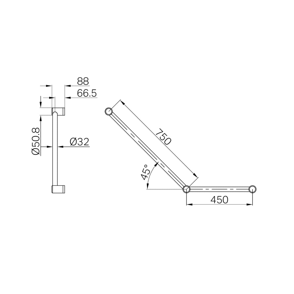 NERO MECCA CARE 32MM AMBULANT TOILET GRAB RAIL 45° 750X450MM GUN METAL