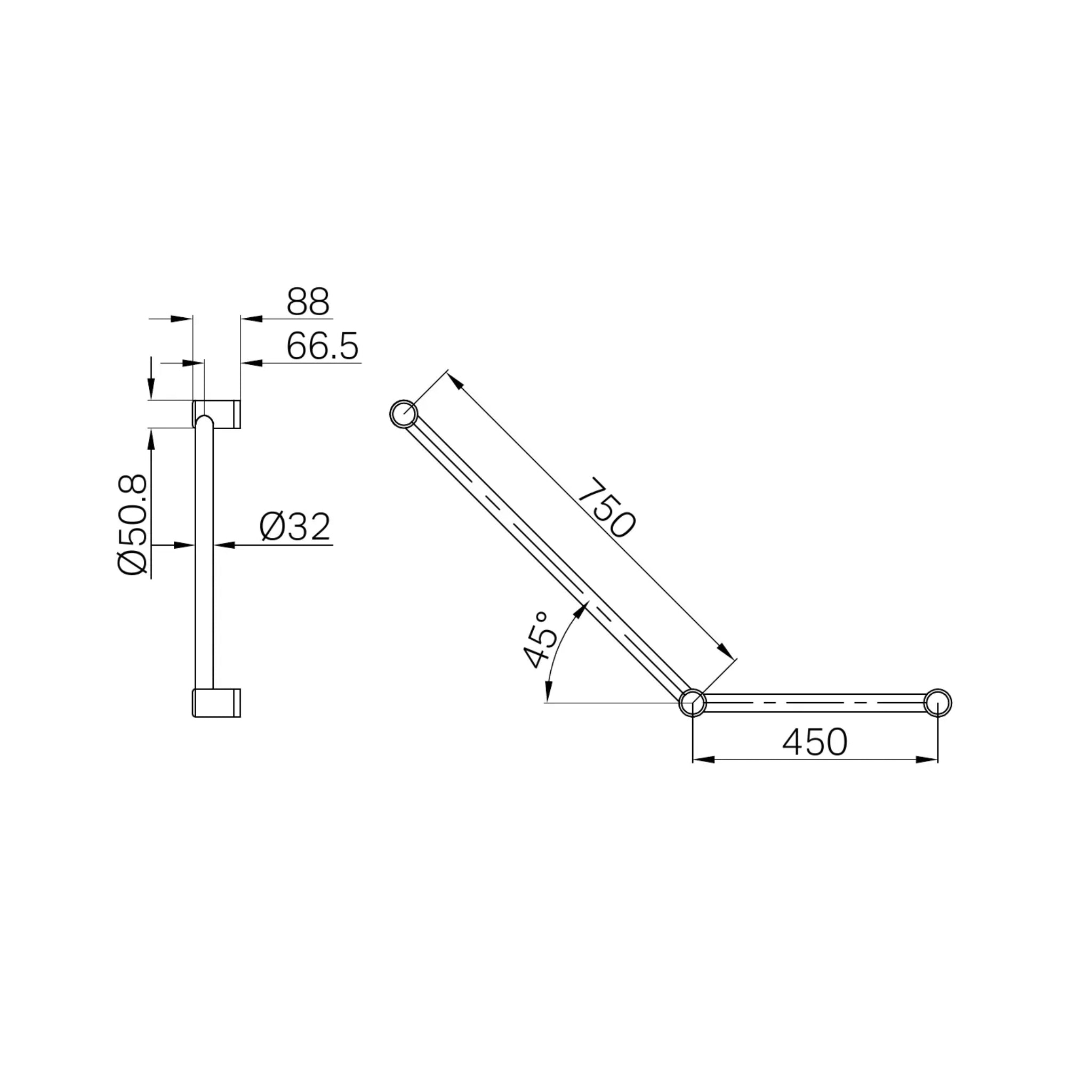 NERO MECCA CARE 32MM AMBULANT TOILET GRAB RAIL 45° 750X450MM GUN METAL