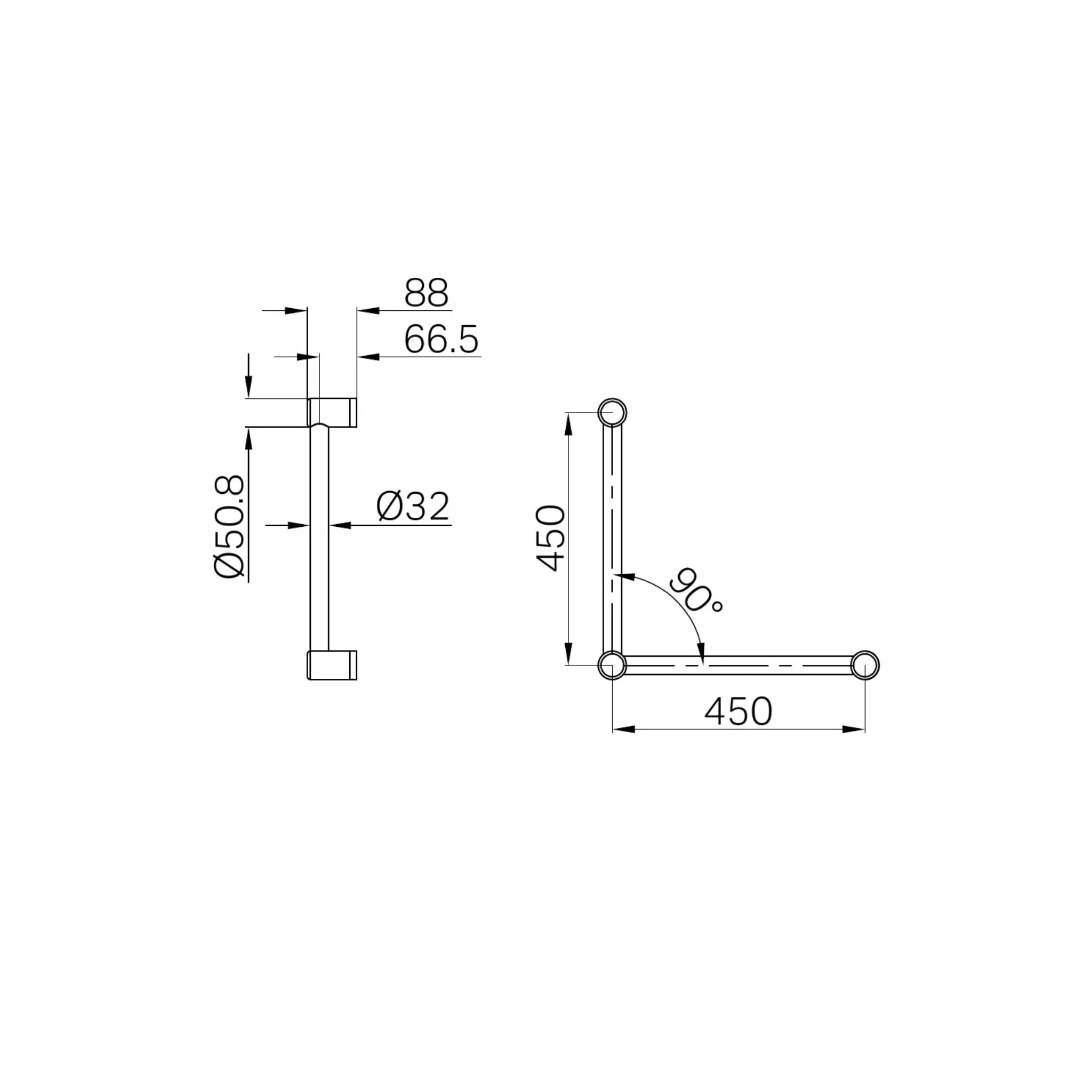 NERO MECCA CARE 32MM TOILET GRAB RAIL 90° 450X450MM MATTE BLACK