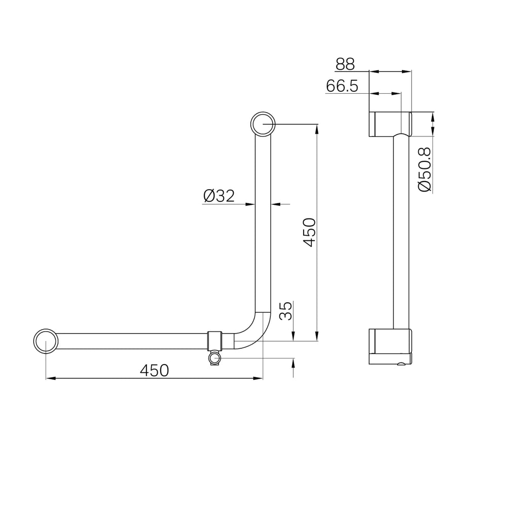 NERO MECCA CARE 32MM AMBULANT 90 DEGREE BENT TUBE GRAB RAIL 450X450MM BRUSHED NICKEL