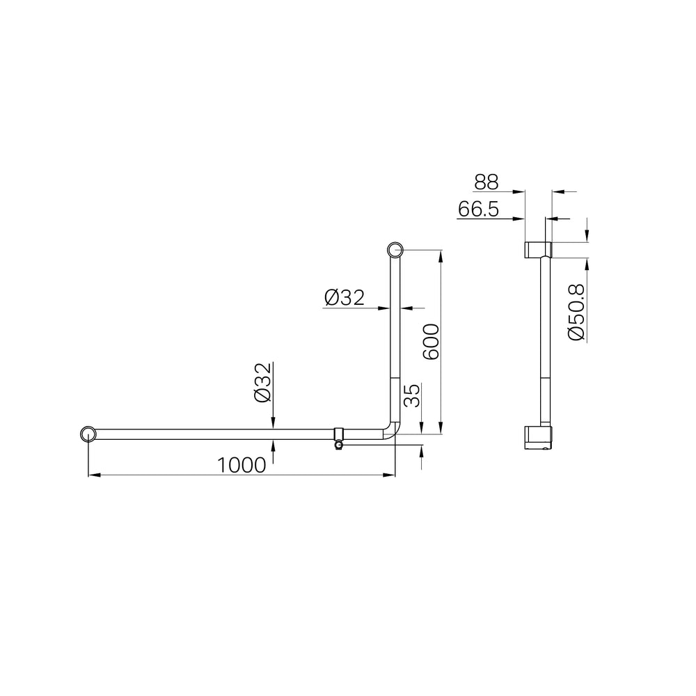 NERO MECCA CARE 32MM DDA ACCESSIBLE TOILET 90 DEGREE BENT TUBE GRAB RAIL 600X1000MM GUN METAL