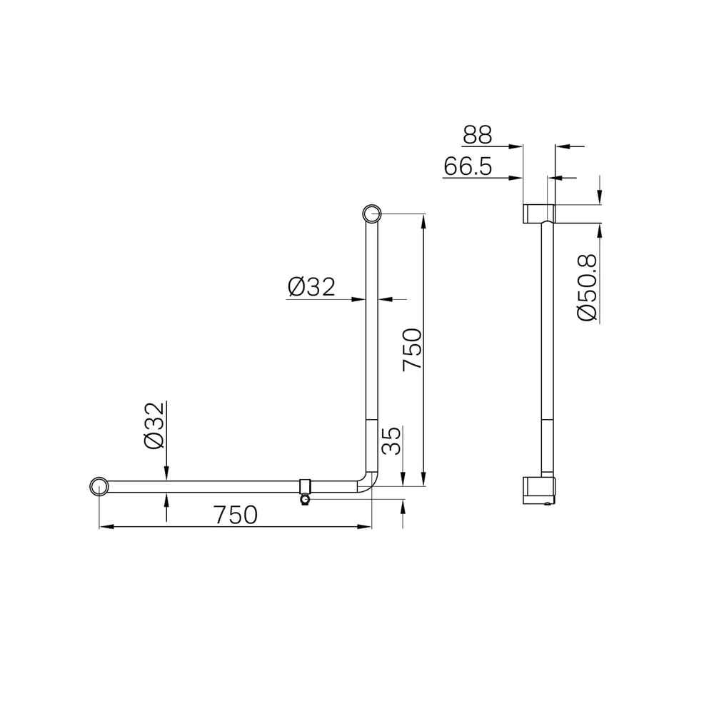 NERO MECCA CARE 90 DEGREE TOILET GRAB RAIL 750X750MM BRUSHED GOLD