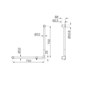NERO MECCA CARE 90 DEGREE TOILET GRAB RAIL 750X750MM CHROME