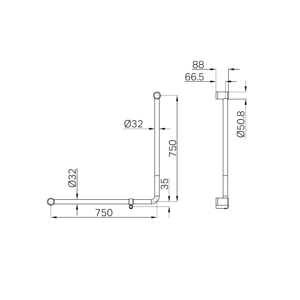 NERO MECCA CARE 90 DEGREE TOILET GRAB RAIL 750X750MM MATTE BLACK